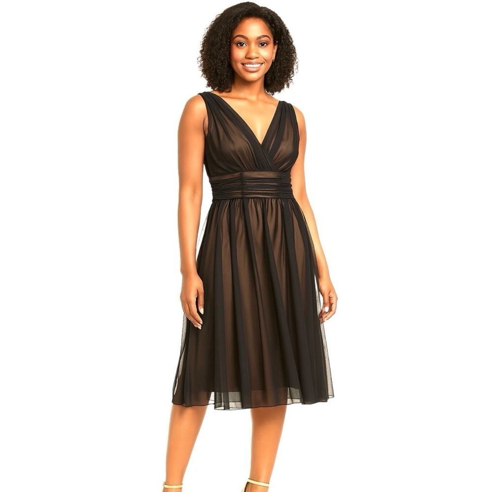 Connected Apparel Black & Gold Size 12 Chiffon Overlay Fit & Flare Dress, NWOT